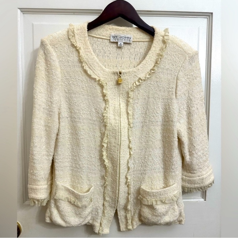 St. John Collection Cream Ruffle Trim Bouclé Jacket